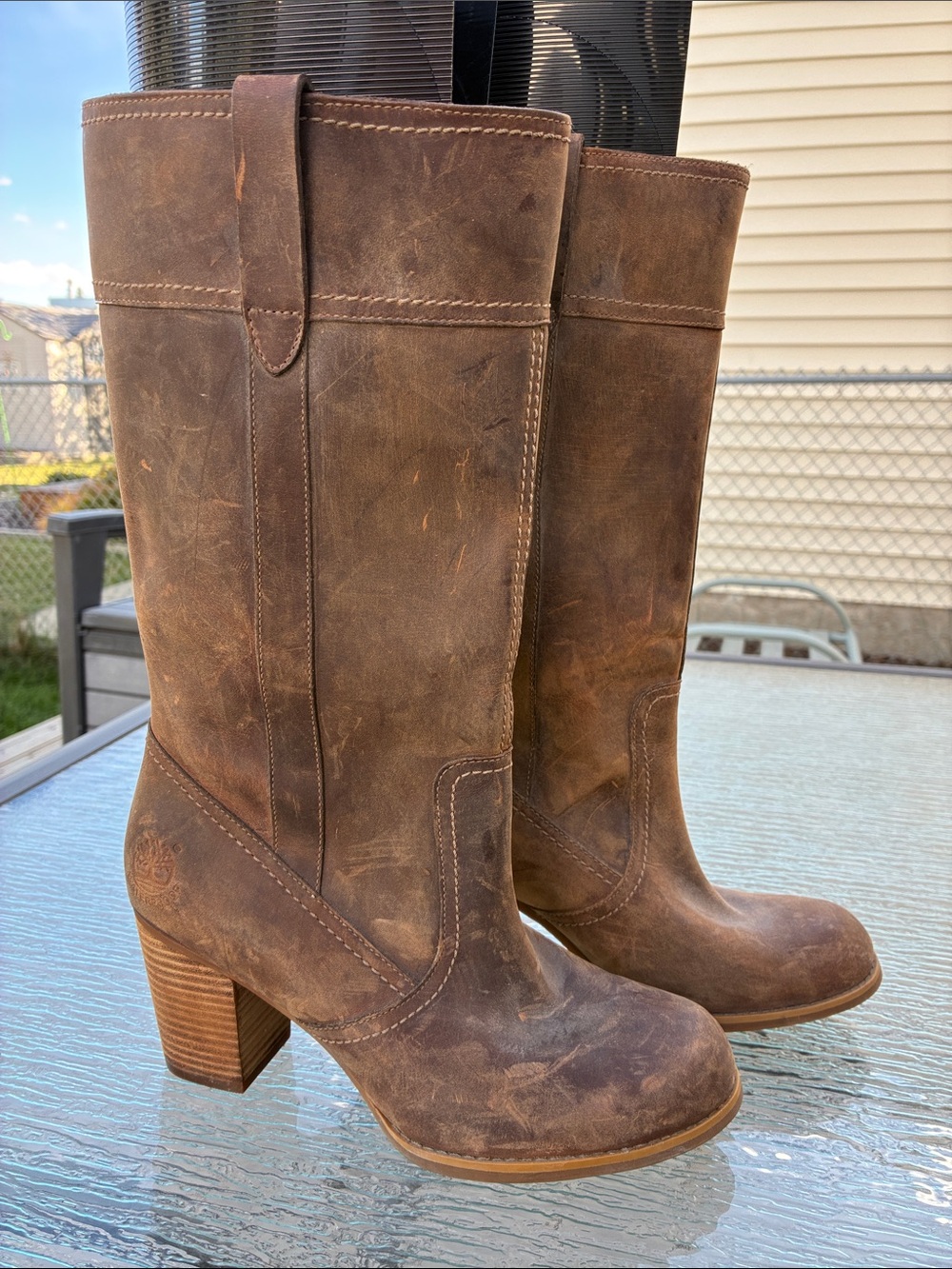 Timberland Women's Brown Distressed Leather Mid-Calf Waterproof Heeled Boots 6